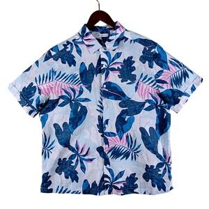 Cubavera Button Down Shirt Men's XL Blue Pink Hawaiian Tropical Linen‎ Blend EUC